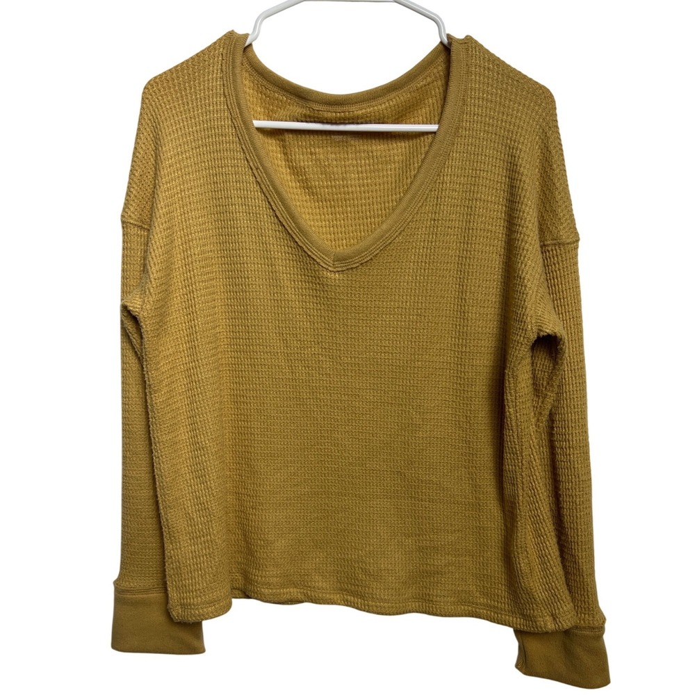 American Eagle Womens Mustard Yellow Waffle Knit Thermal‎ V-Neck Top S Gorpcore